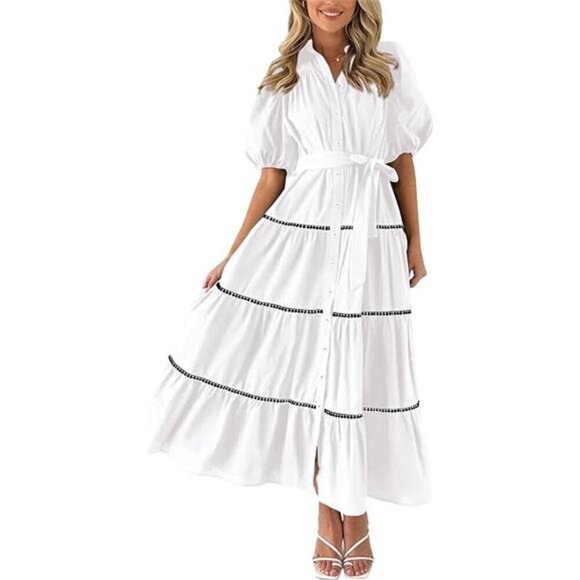 Women's Button Down Shirt Dress Short Puffy Sleeve Tiered Ruffle Flowy Long Maxi - Picture 6 of 6